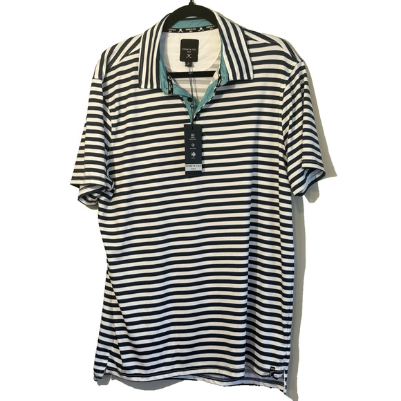 Kenneth Cole Mens Performance Polo Golf Shirt M Short Sleeve Casual Navy Stripe - Picture 1 of 8
